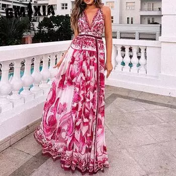 GMXIA Женские модные летние весенние повседневные платья без рукавов с v-образным вырезом и высокой талией с цветочным принтом S розы красного