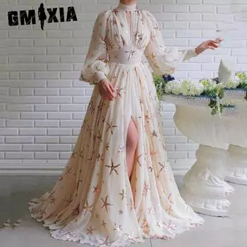 GMXIA Женские модные летние весенние повседневные платья с длинным рукавом и v-образным вырезом и высокой талией с цветочным принтом S бежевый