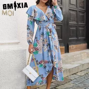 GMXIA Женские модные летние весенние повседневные платья с длинным рукавом и v-образным вырезом и высокой талией с цветочным принтом S синий