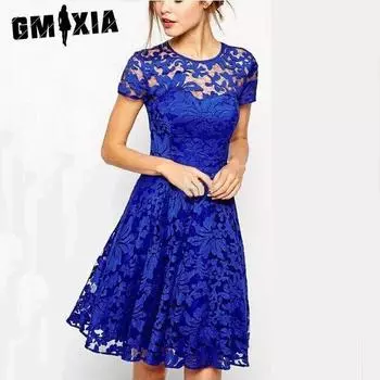 GMXIA Женские модные летние весенние синие кружевные тонкие повседневные платья с коротким рукавом и круглым вырезом