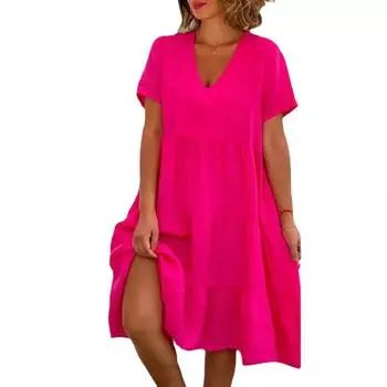 GMXIA женские модные летние весенние свежие и милые однотонные принты с короткими рукавами и v-образным вырезом, большие свободные повседневные платья 4XL розы красного