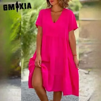 GMXIA женские модные летние весенние свежие и милые однотонные принты с короткими рукавами и v-образным вырезом, большие свободные повседневные платья S чёрный