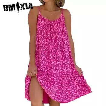 GMXIA Женские модные летние весенние свободные повседневные платья без рукавов с U-образным вырезом и принтом в горошек S красный