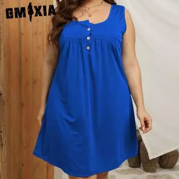 GMXIA женские модные летние весенние свободные повседневные платья больших размеров со складками на пуговицах без рукавов с v-образным вырезом и принтом S красный