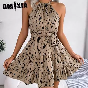 GMXIA Женские модные летние весенние узкие коктейльные и вечерние платья без рукавов с леопардовым принтом S хаки