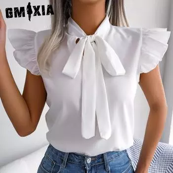 GMXIA Женские модные однотонные повседневные блузки и рубашки без рукавов с v-образным вырезом, темпераментный шифон с галстуком-бабочкой на деревянной кромке уха S белый