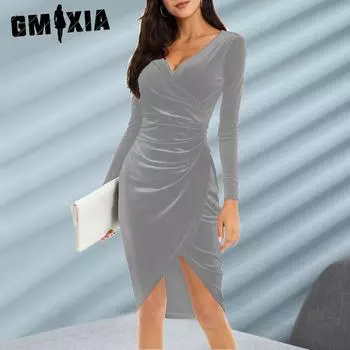 GMXIA Женские модные осенне-зимние однотонные повседневные платья с длинным рукавом и v-образным вырезом и высокой талией S зелёный