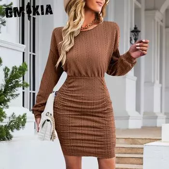 GMXIA женские модные осенне-зимние однотонные повседневные платья с длинным рукавом и круглым вырезом с высокой талией и принтом S чёрный