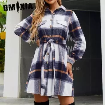 GMXIA женские модные осенне-зимние однотонные повседневные платья в клетку с длинными рукавами и воротником-поло с высокой талией S тёмно-синий