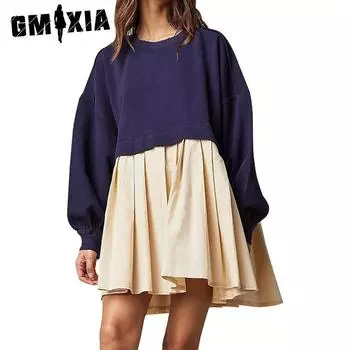 GMXIA женские модные осенне-зимние однотонные повседневные платья с длинным рукавом и круглым вырезом с высокой талией и принтом XS озеро синий