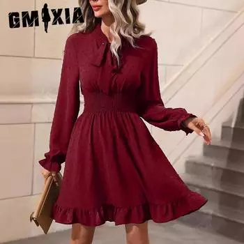 GMXIA Женские модные осенне-зимние однотонные повседневные платья с длинным рукавом и v-образным вырезом и высокой талией S красный