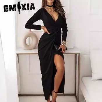 GMXIA Женские модные осенне-зимние однотонные повседневные платья с длинным рукавом и v-образным вырезом с принтом S красный