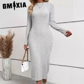 GMXIA женские модные осенне-зимние однотонные повседневные платья с длинным рукавом и круглым вырезом с высокой талией и принтом S светло-серый