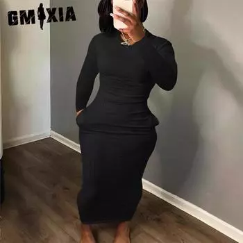 GMXIA женские модные осенне-зимние однотонные повседневные платья с длинным рукавом и круглым вырезом с высокой талией и принтом S чёрный