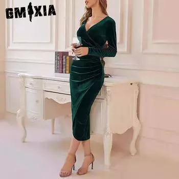 GMXIA Женские модные осенне-зимние однотонные повседневные платья с длинным рукавом и v-образным вырезом и высокой талией S бордовый