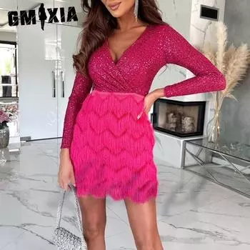 GMXIA Женские модные осенне-зимние однотонные повседневные платья с длинным рукавом и v-образным вырезом и высокой талией S шампанского