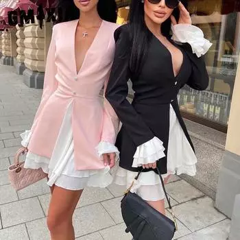 GMXIA Женские модные осенне-зимние однотонные повседневные платья с длинным рукавом и v-образным вырезом и высокой талией S розовый