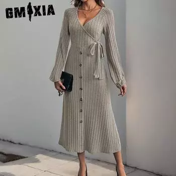 GMXIA Женские модные осенне-зимние однотонные повседневные платья с длинным рукавом и v-образным вырезом и высокой талией S хаки