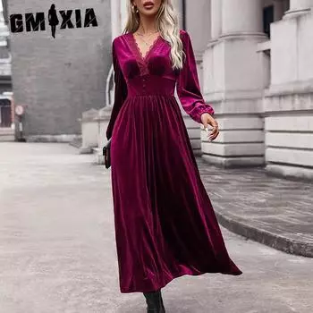GMXIA Женские модные осенне-зимние однотонные повседневные платья с длинным рукавом и v-образным вырезом и высокой талией XS бордовый