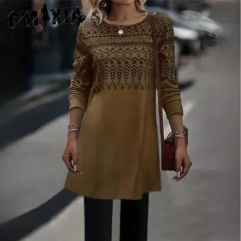 GMXIA женские модные осенне-зимние однотонные повседневные платья с длинным рукавом и круглым вырезом с высокой талией и принтом S коричневый