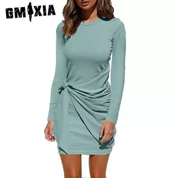 GMXIA женские модные осенне-зимние однотонные повседневные платья с длинным рукавом и круглым вырезом с высокой талией и принтом S розовый