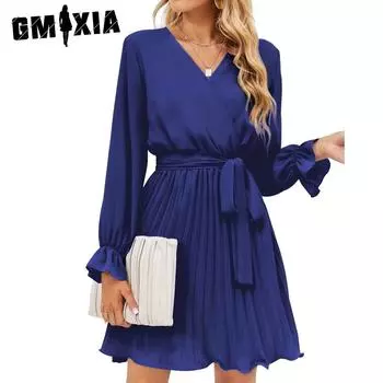 GMXIA Женские модные осенне-зимние однотонные повседневные платья с длинным рукавом и v-образным вырезом с принтом