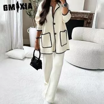 GMXIA женские модные осенние однотонные брюки с длинными рукавами и принтом, брючные костюмы