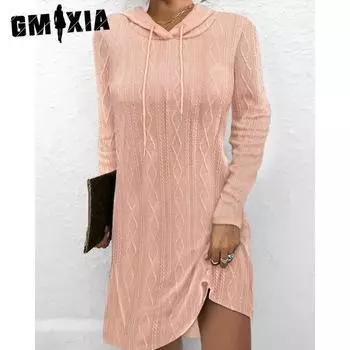 GMXIA Женские модные осенние однотонные свободные повседневные платья с длинными рукавами и капюшоном