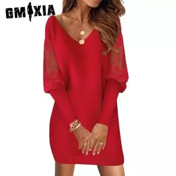 GMXIA Женские модные осенние однотонные свободные повседневные платья с кружевным принтом и длинными рукавами и v-образным вырезом S чёрный