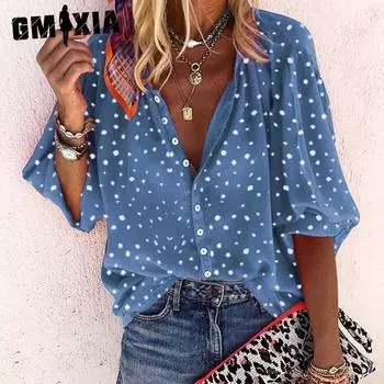 GMXIA Женские модные повседневные блузки и рубашки с длинными рукавами и принтом в горошек на весну и осень