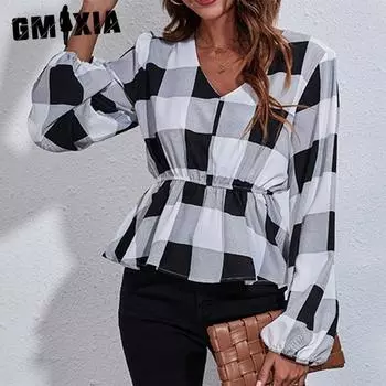 GMXIA Женские модные повседневные блузки и рубашки с v-образным вырезом и длинным рукавом с цветочным принтом S