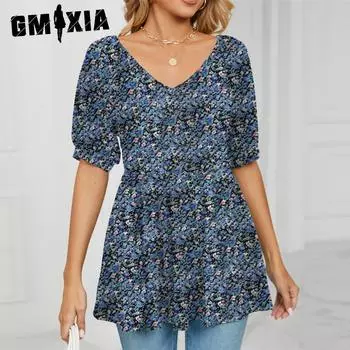 GMXIA Женские модные повседневные блузки и рубашки с короткими рукавами и v-образным вырезом с цветочным принтом S