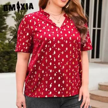 GMXIA Женские модные повседневные футболки и топы с v-образным вырезом и короткими рукавами с принтом в горошек XL красный