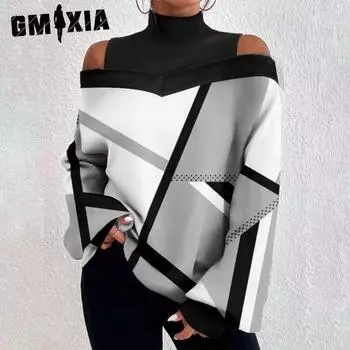 GMXIA Женские модные повседневные футболки с длинными рукавами и полуводолазкой и дизайном с заниженными плечами, женский топ с рукавами-фонариками и принтом