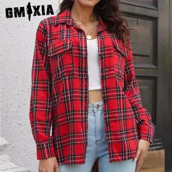 GMXIA Женские модные повседневные клетчатые блузки и рубашки-поло с длинными рукавами и воротником-стойкой S чёрный