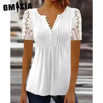 GMXIA женские модные повседневные кружевные блузки и рубашки с v-образным вырезом и короткими рукавами, прессованные летние однотонные блузки и рубашки с v-образным вырезом M белый