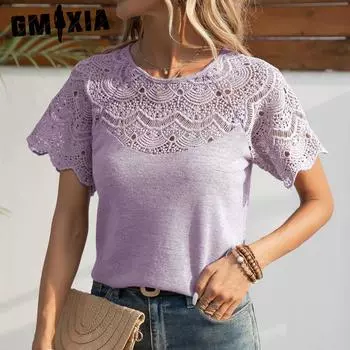 GMXIA Женские модные повседневные кружевные футболки и топы с круглым вырезом и короткими рукавами