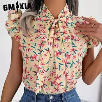 GMXIA женские модные повседневные летние блузки без рукавов с v-образным вырезом с цветочным принтом и шифоновые рубашки с бантом и деревянной отделкой ушей S абрикосовый