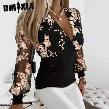 GMXIA Женские модные повседневные летние блузки и рубашки с v-образным вырезом и длинным рукавом с цветочным принтом