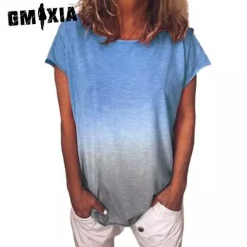 GMXIA Женские модные повседневные летние блузки и рубашки с круглым вырезом с короткими рукавами S синий