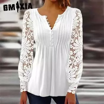 GMXIA Женские модные повседневные летние блузки и рубашки с v-образным вырезом и длинным рукавом с цветочным принтом S белый