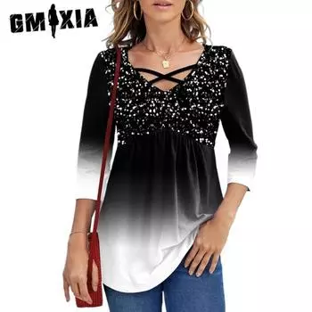 GMXIA Женские модные повседневные летние блузки и рубашки с v-образным вырезом и рукавом 3/4 S чёрный