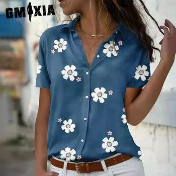 GMXIA Женские модные повседневные летние блузки и рубашки с коротким рукавом с цветочным принтом и воротником-поло S синий