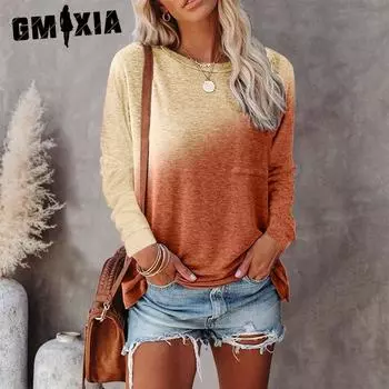 GMXIA Женские модные повседневные летние блузки и рубашки с круглым вырезом с длинными рукавами S серый