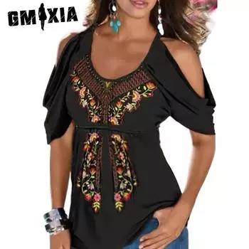 GMXIA Женские модные повседневные летние блузки и рубашки с v-образным вырезом и короткими рукавами с цветочным принтом S белый