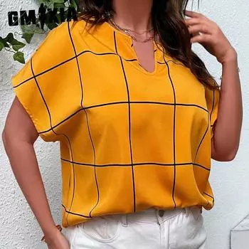 GMXIA женские модные повседневные летние блузки и рубашки большого размера в клетку с короткими рукавами и воротником-стойкой XL белый