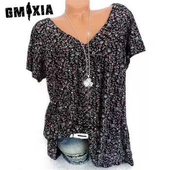 GMXIA Женские модные повседневные летние блузки и рубашки с v-образным вырезом и короткими рукавами с цветочным принтом S чёрный