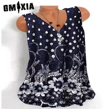 GMXIA Женские модные повседневные летние блузки и рубашки без рукавов с v-образным вырезом и цветочным принтом