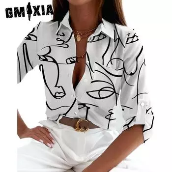 GMXIA Женские модные повседневные летние блузки и рубашки с длинным рукавом с воротником-поло S
