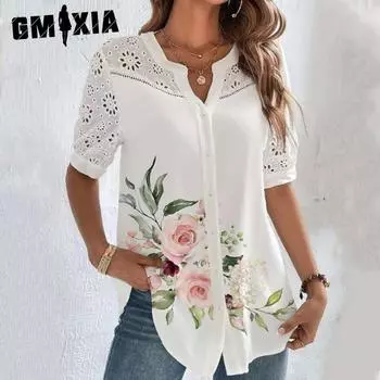 GMXIA Женские модные повседневные летние блузки и рубашки с v-образным вырезом и короткими рукавами с цветочным принтом